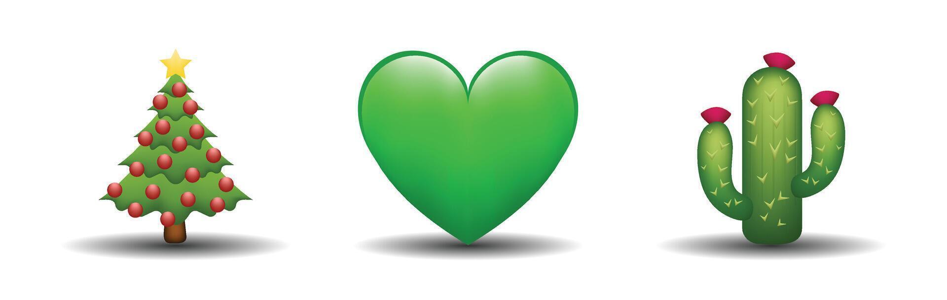 3 emoticons isolated on white background. Green color heart, Christmas tree, cactus emoji illustration. 3d illustration set vector