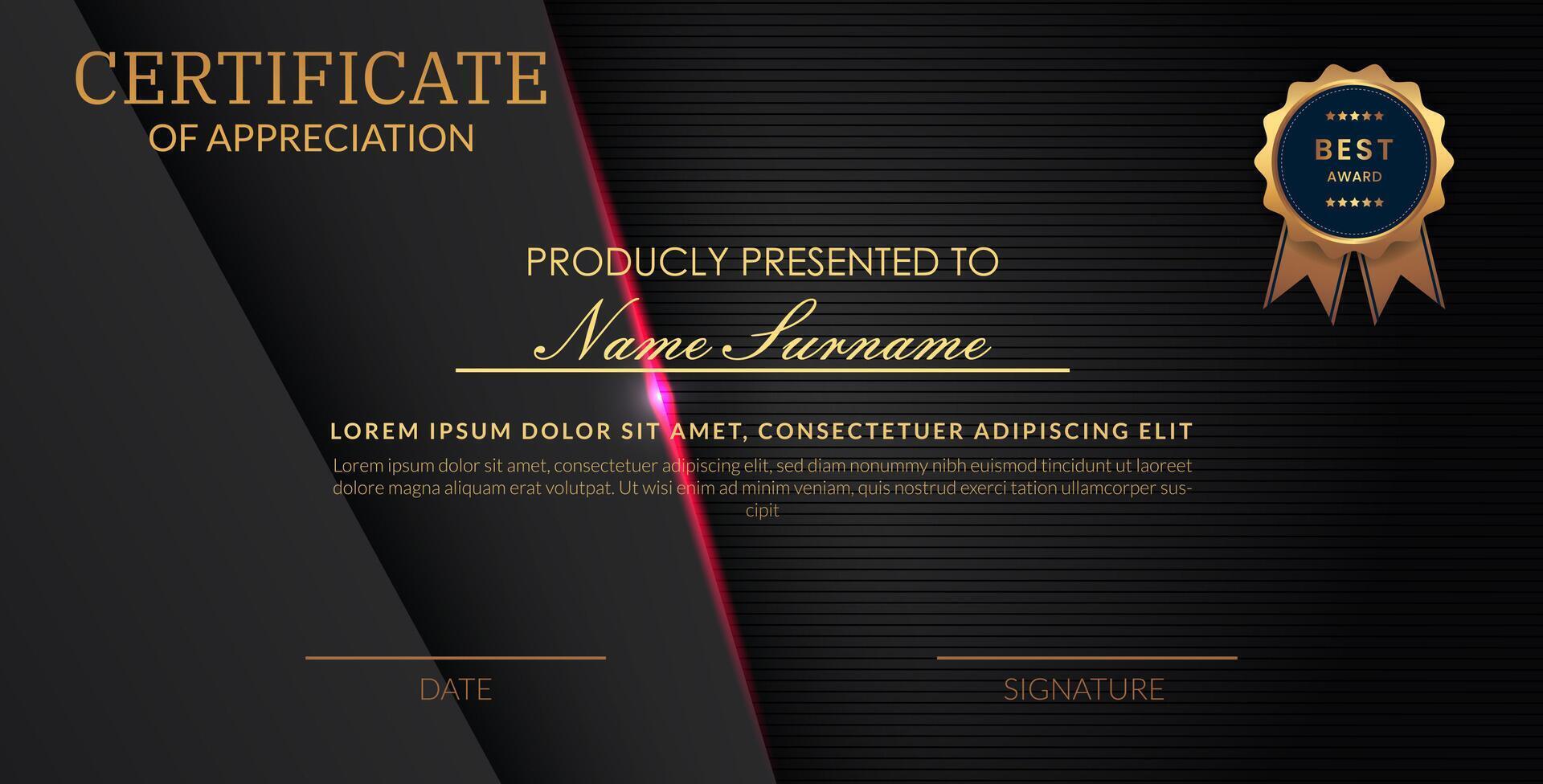 Creative certificate of appreciation best award template with abstract black pink light background, Use for print, certificate, diploma, graduation. vector