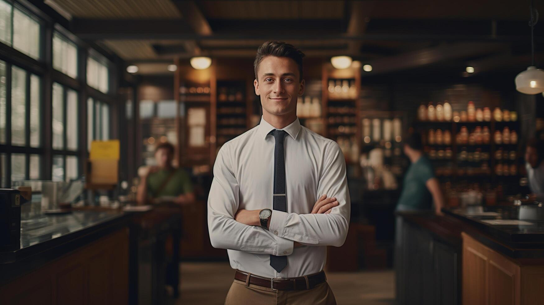 A man in a business suit standing in front of a bar photo