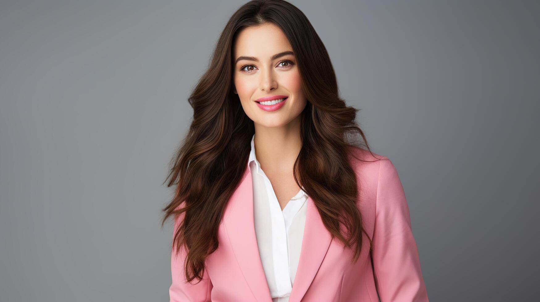 A beautiful woman in a pink suit posing for the camera photo