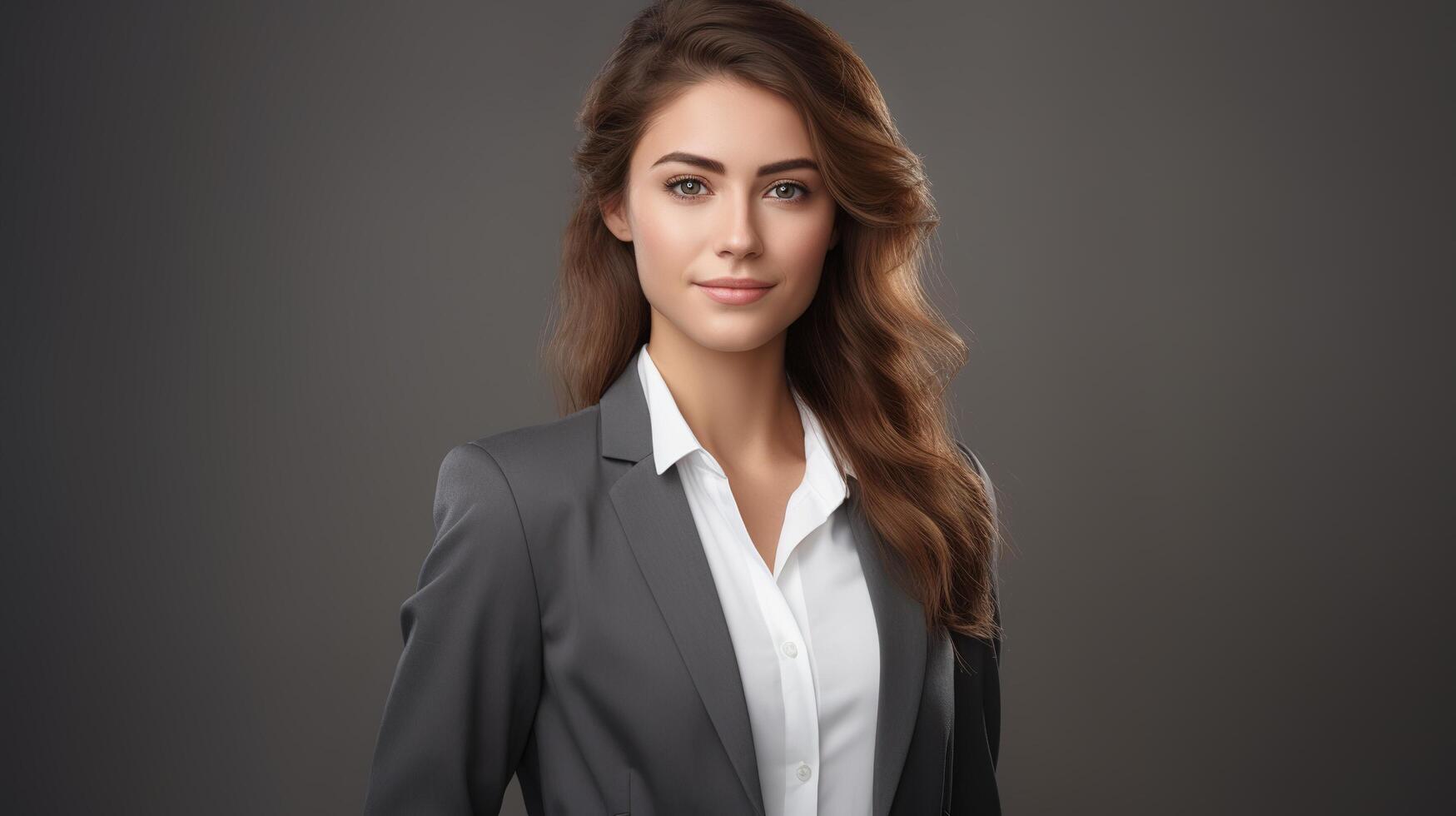 Portrait of a business woman in a suit on a gray background photo