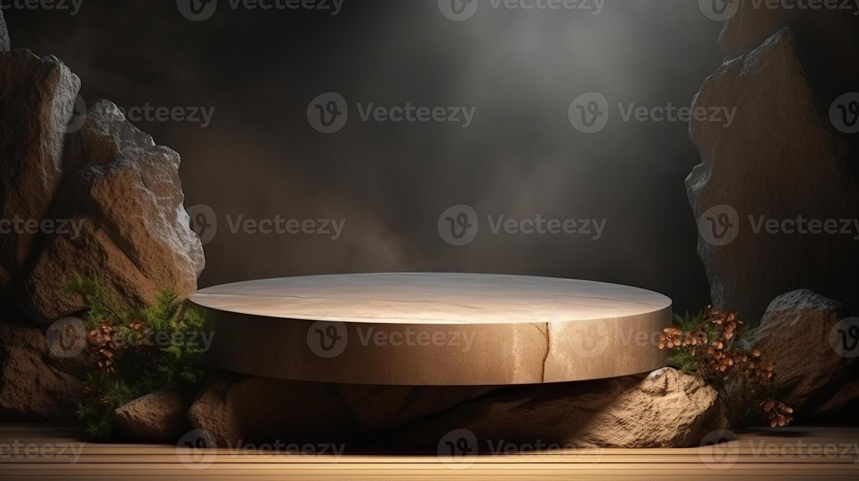 An empty stage with a round table in front of a rock wall photo