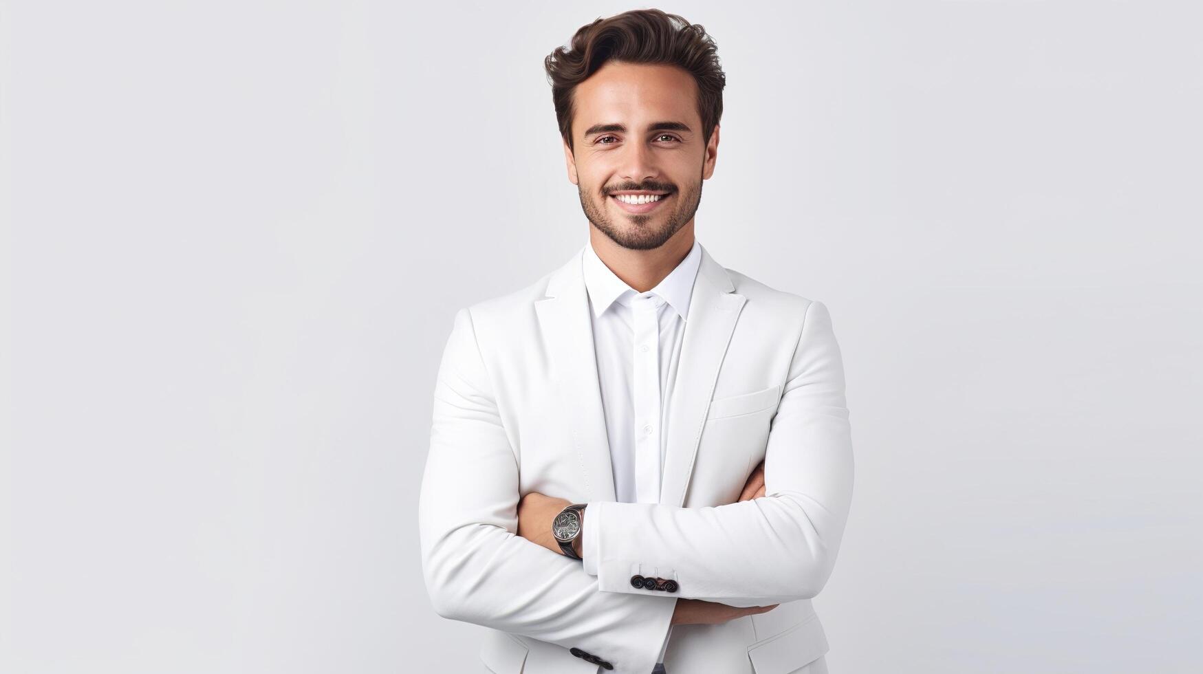 A man in a white suit standing with his arms crossed photo