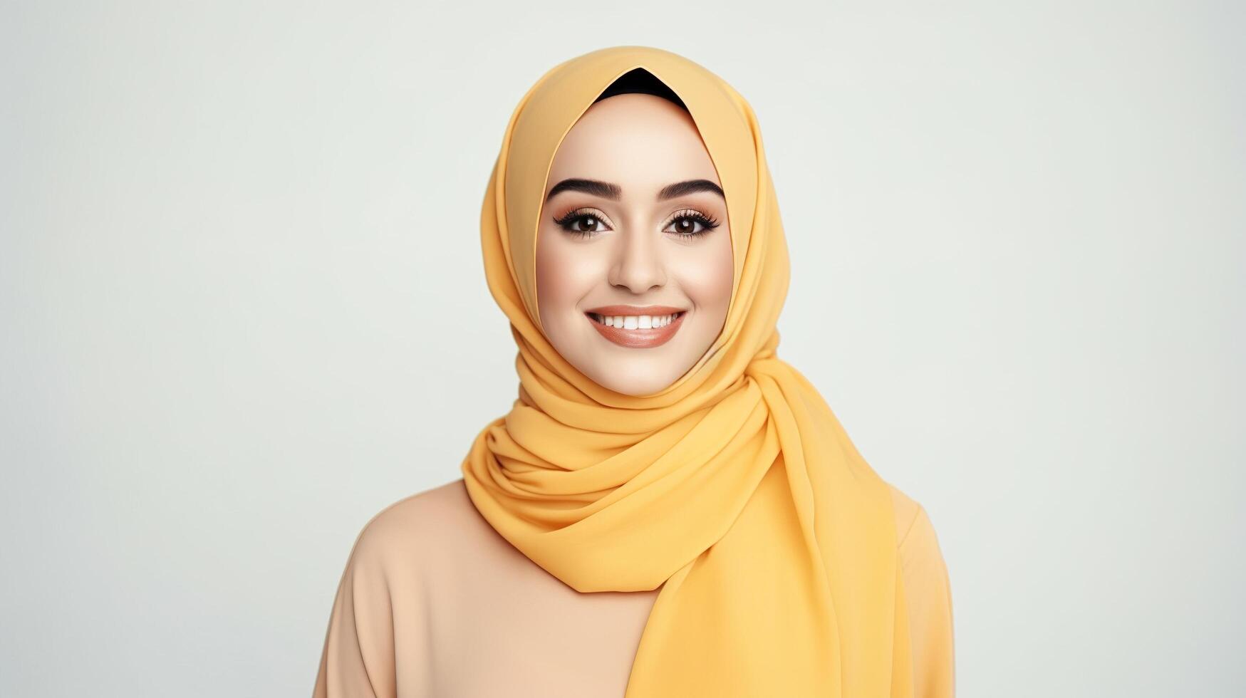 Portrait of a beautiful muslim woman wearing a yellow hijab photo