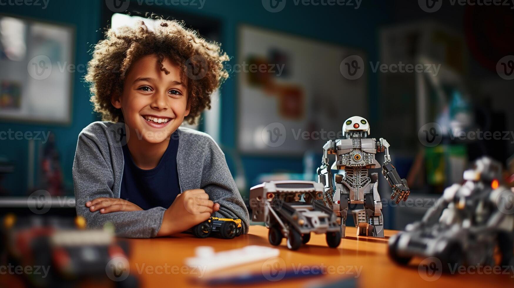A young boy smiles while sitting at a table with toy robots photo