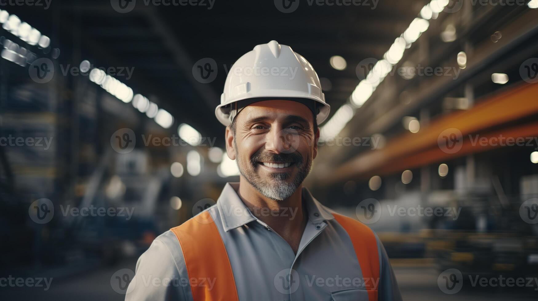 A smiling man in an orange vest and hard hat photo