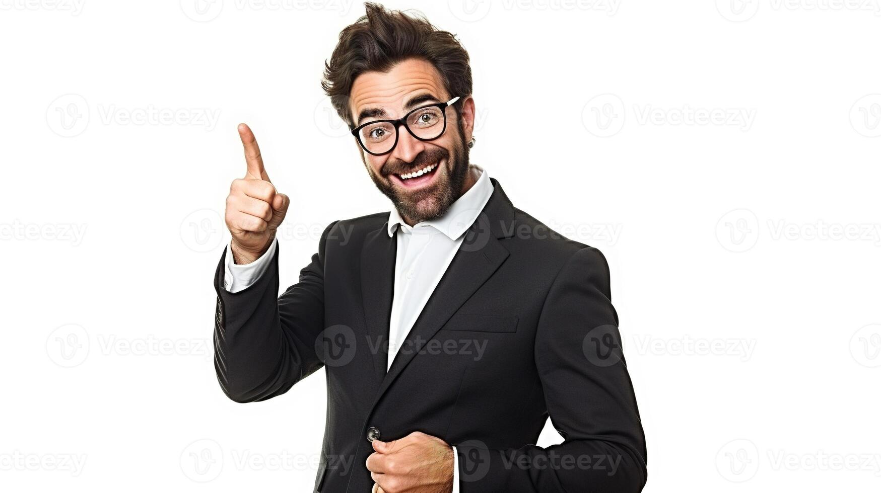 A man in a suit and glasses is pointing at something photo