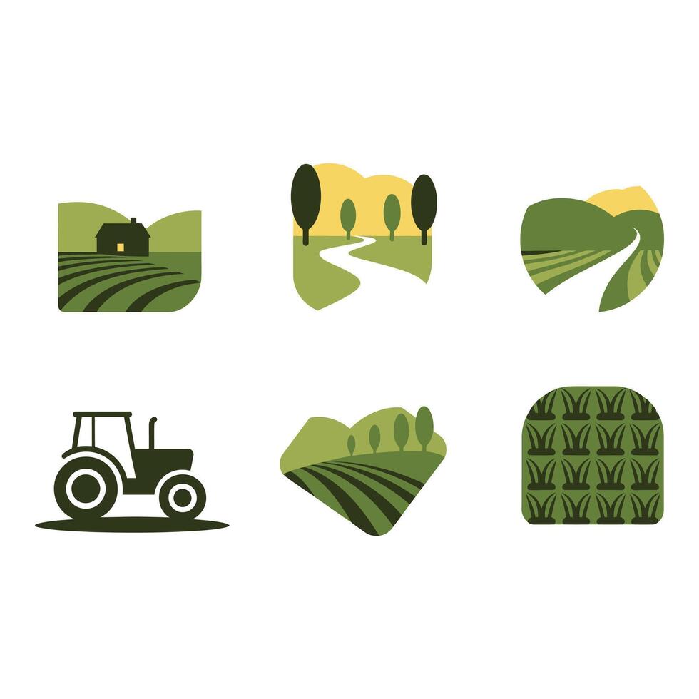 Collection of Flat Icons Depicting Rural Landscapes and Farming vector