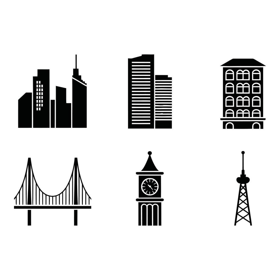Simple Black Silhouette Icons of Urban Landmarks vector