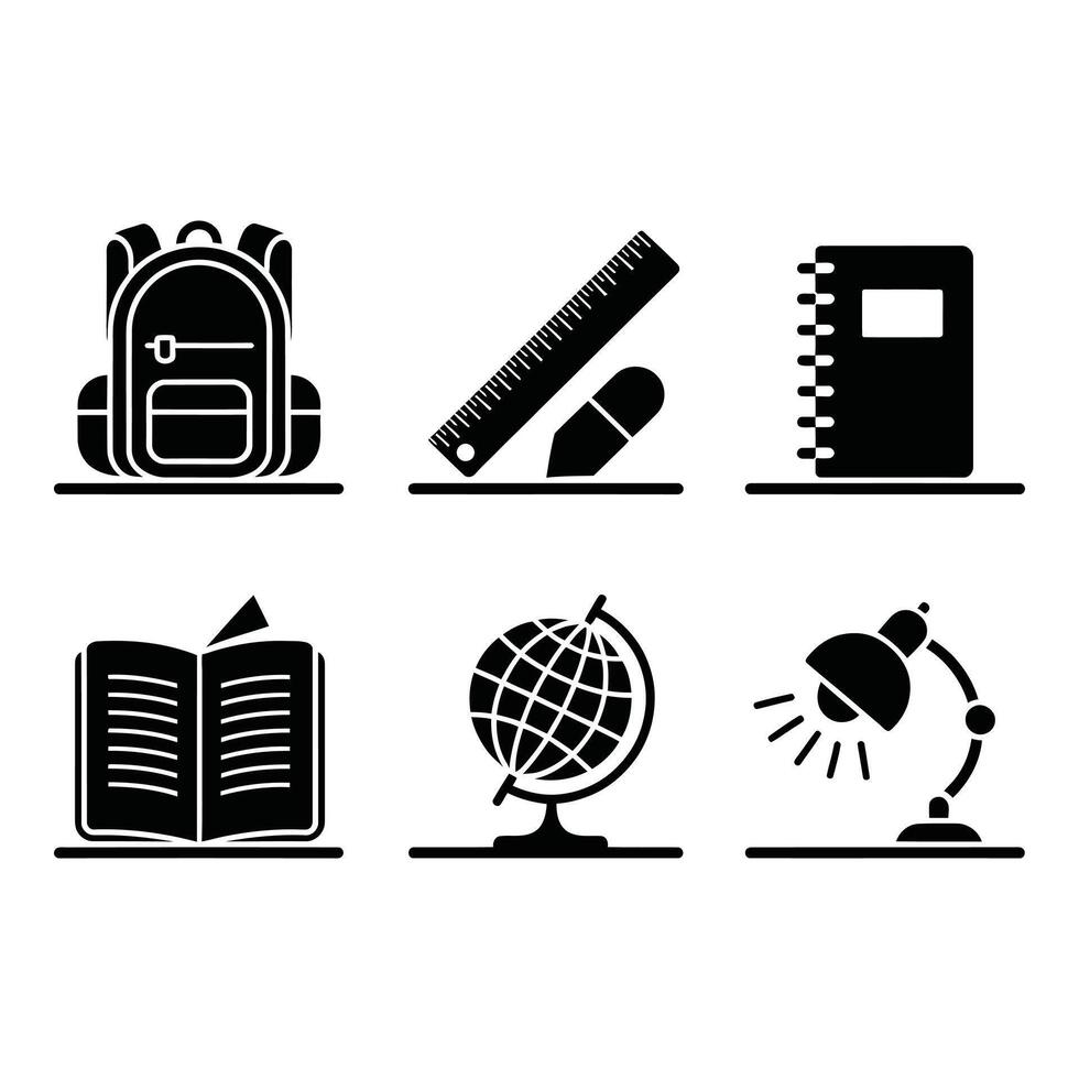 Simple Black and White Educational Supplies Icons vector