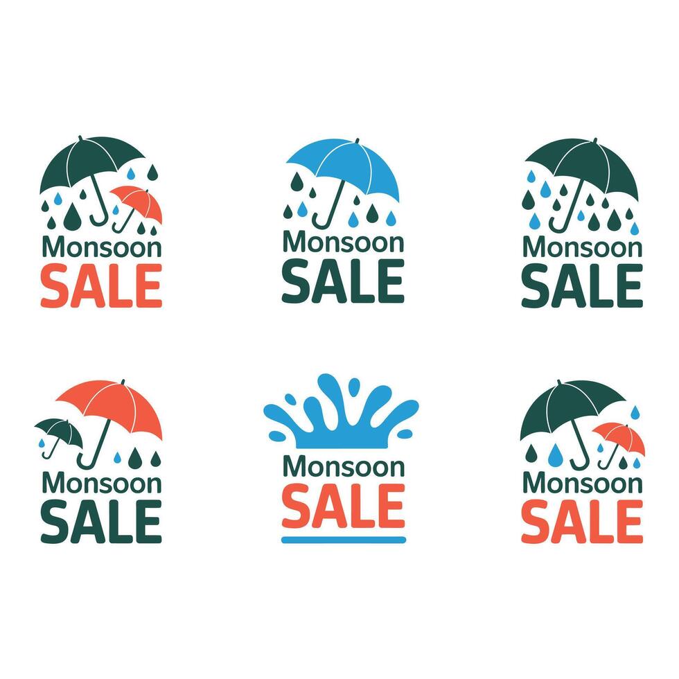 Prepare for the Storms Monsoon Sale Event with Colorful Umbrellas and Heavy Rain Graphics in Set vector