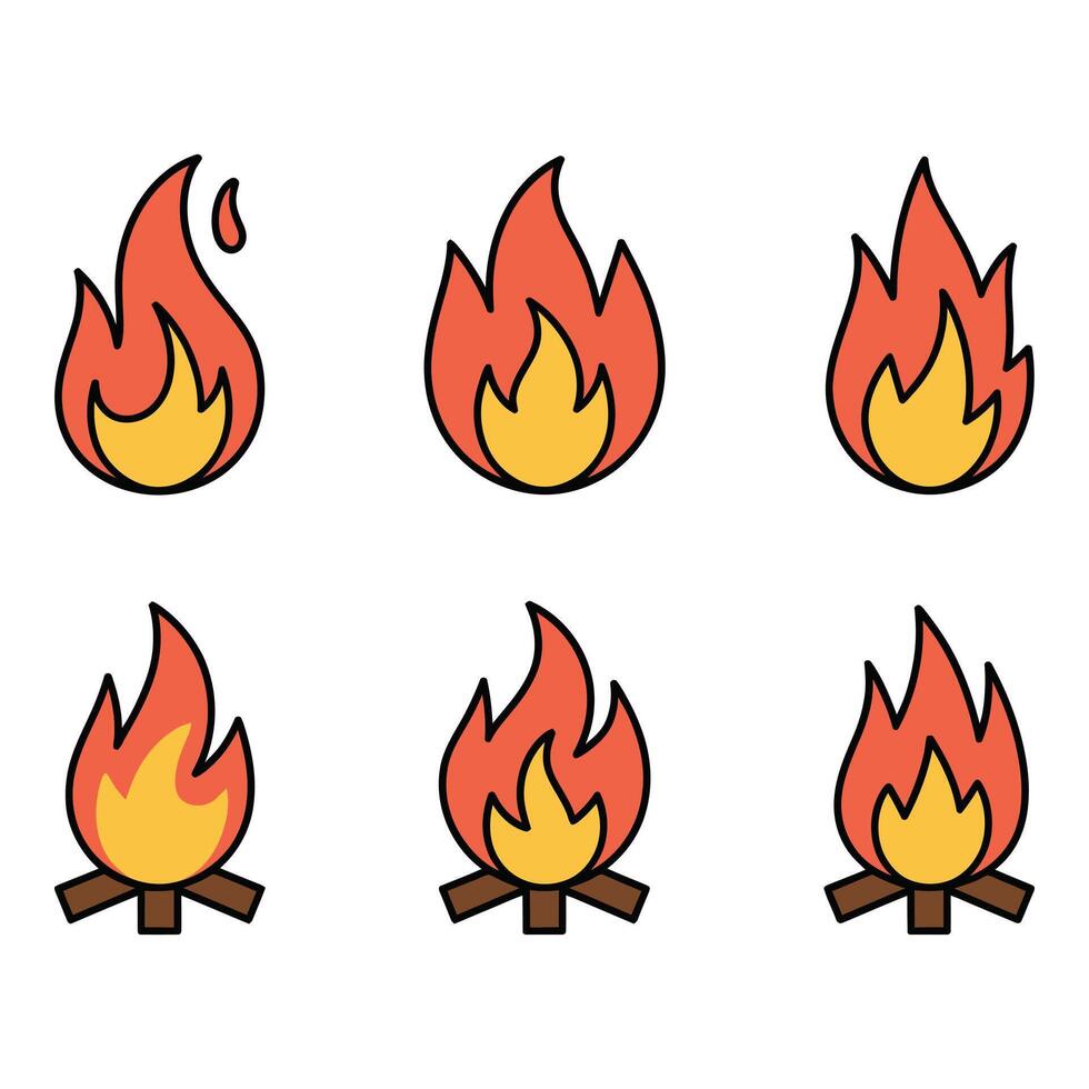 A set of warming bonfires ready for camping animated with cozy orange flames and simple Set vector