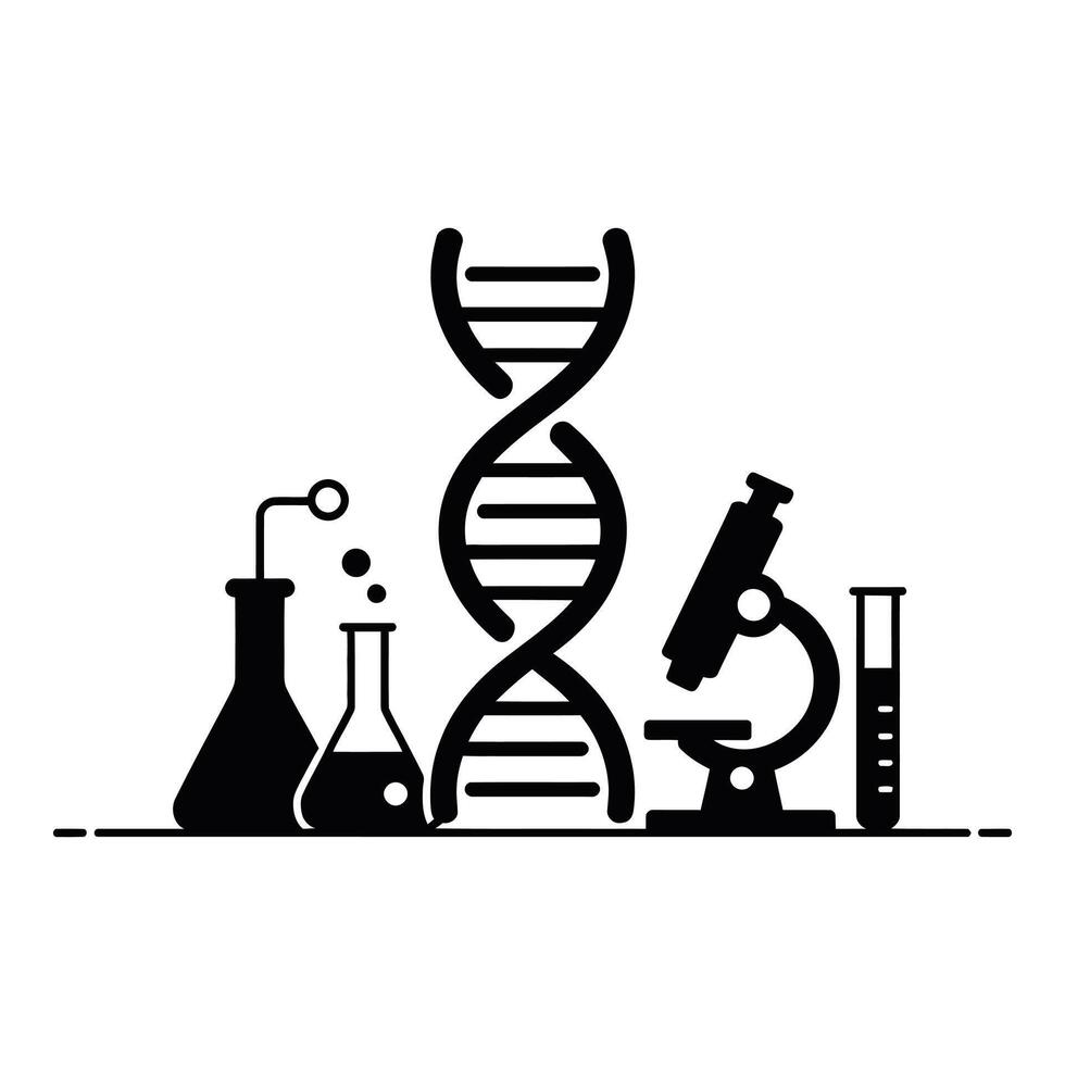 Modern science research lab tools and DNA illustration vector