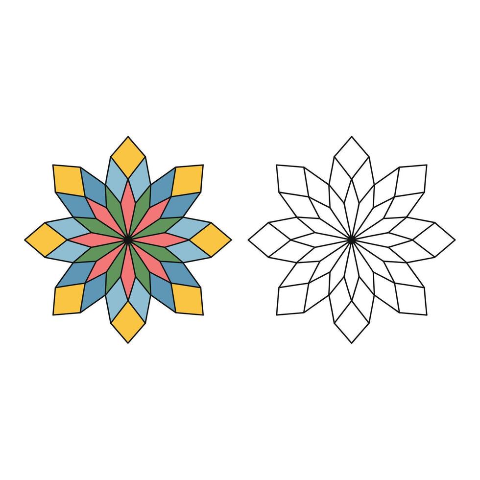 Set art of Geometric flower design isolated on white background with coloring page outline version included vector