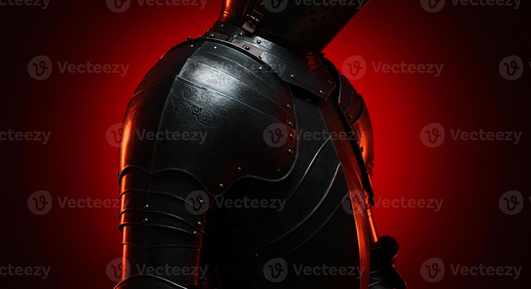 Elaborate dark metal armor with exquisite detailing and a sense of historical significance on dark red background, reminiscent of courage photo