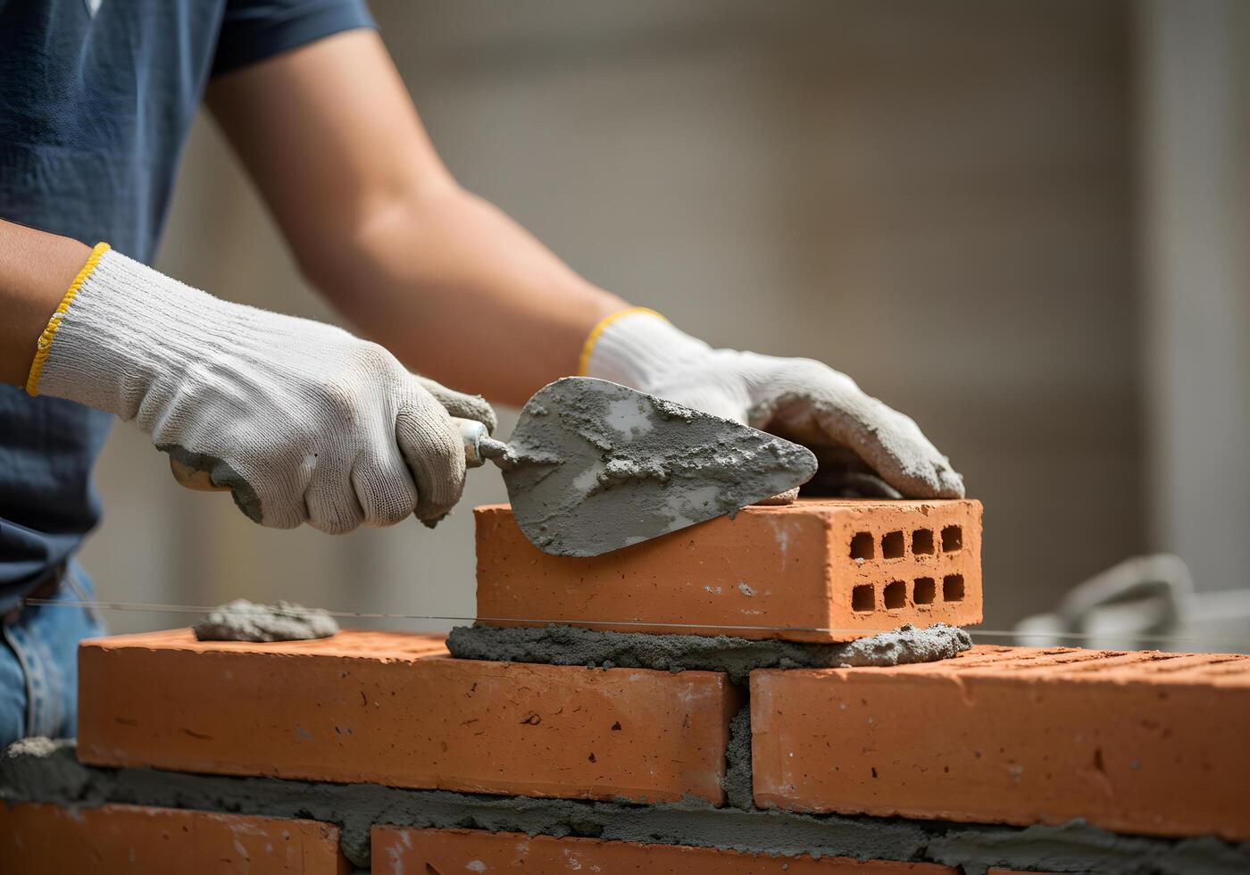 Construction Worker Building a Brick Wall Close-up of Hands Applying Mortar and Placing Brick photo
