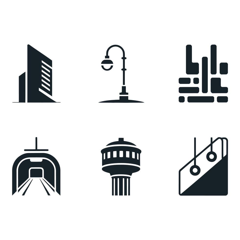 Modern City Icons Set Urban Infrastructure Silhouettes vector