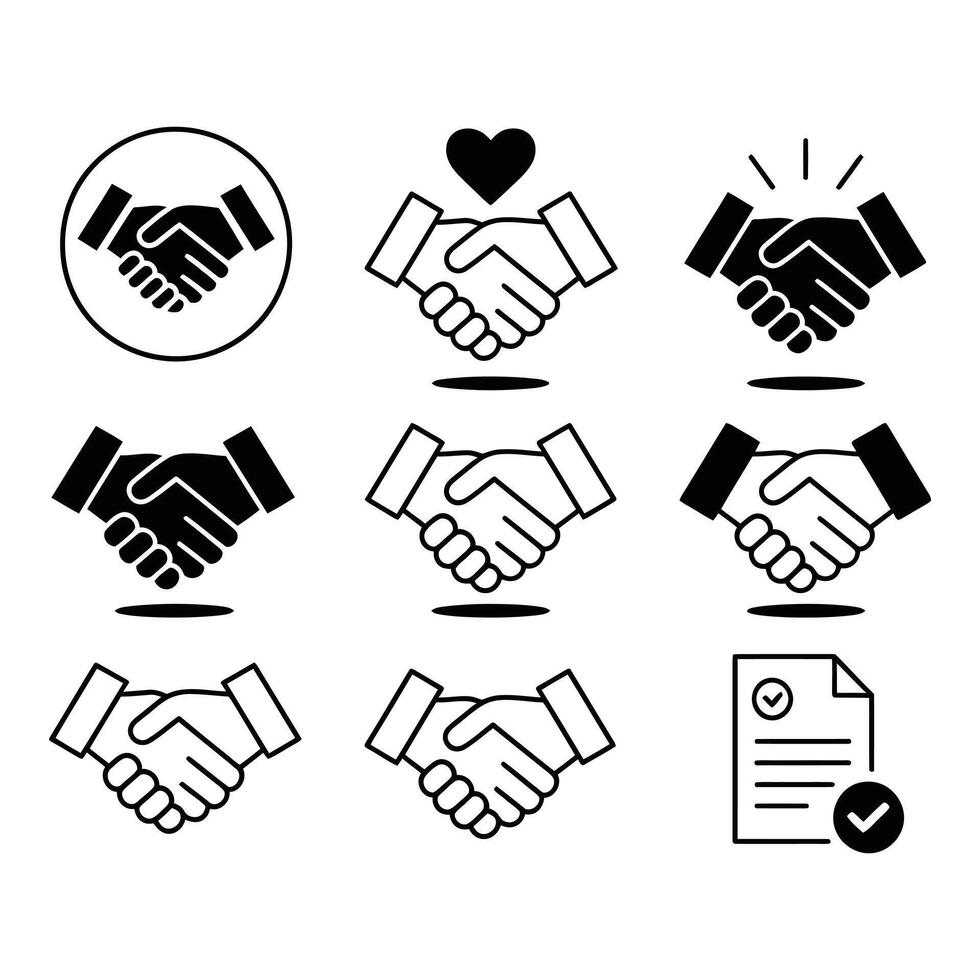 Symbols of unity handshake icons representing business agreements and partnerships with clean Set vector