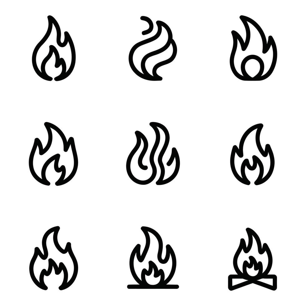 Collection of expressive flame icons representing passion and energy minimalist design on bright vector