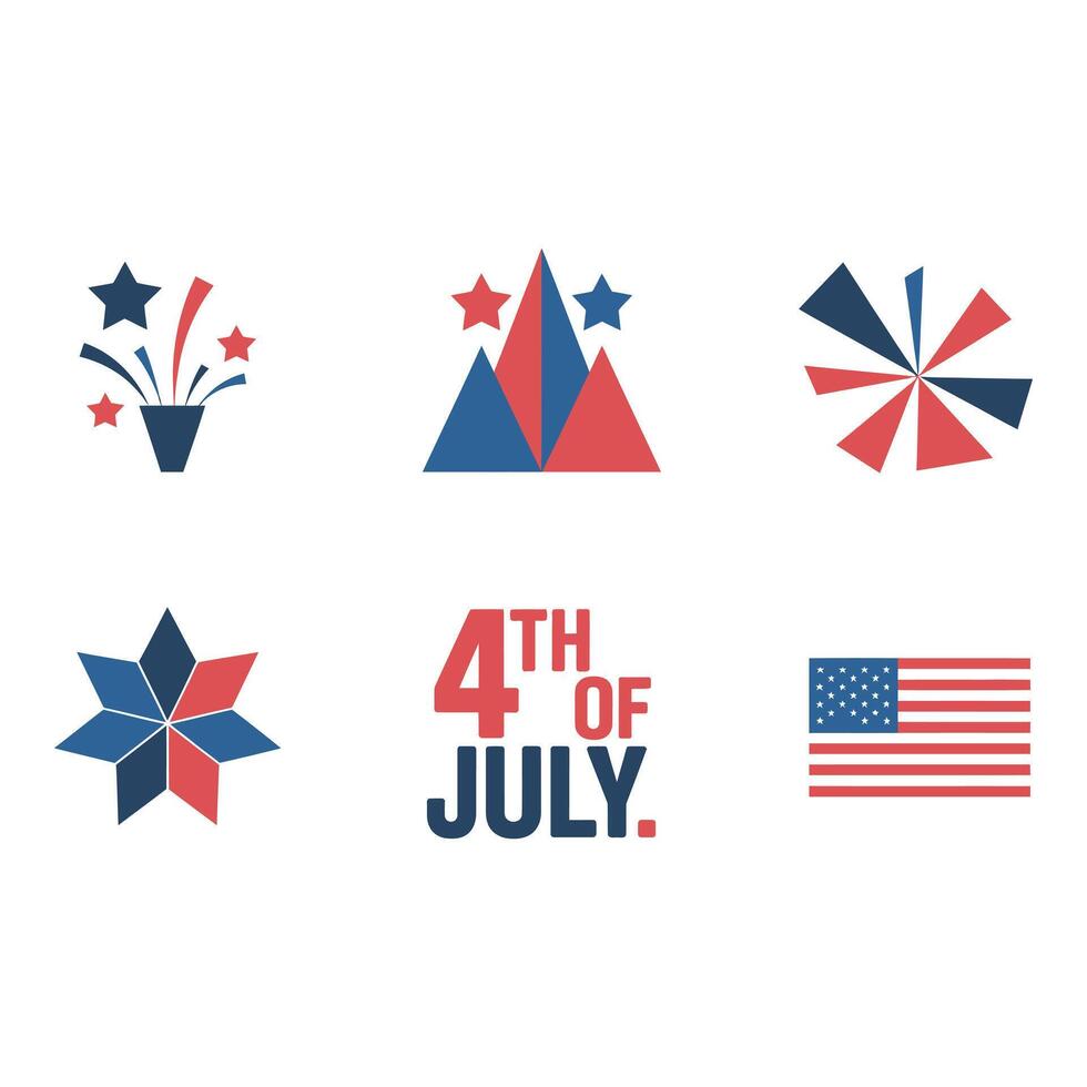 Patriotic 4th of July icons celebrating American independence with festive fireworks and flag on a vector