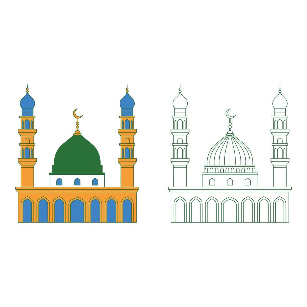two different art of Illustration of mosques with domes and minarets isolated on white background vector