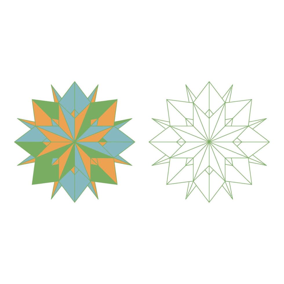 Set art of Geometric star design with colorful and black outline version isolated on white background vector