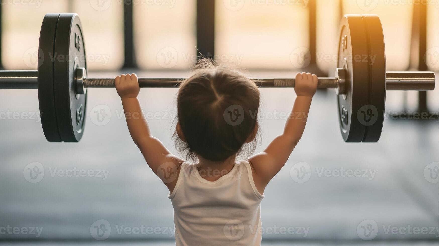 Tiny Baby Girl Lifting Heavy Barbell in Surreal Gym Setting Surrounded by Soft Light and Modern Equipment photo