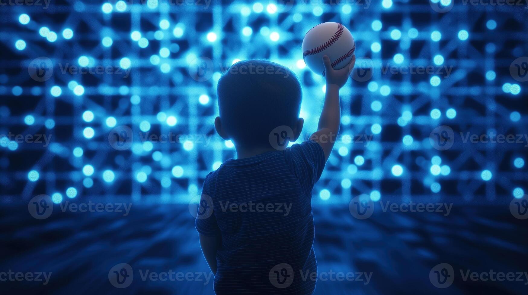 Baby boy throwing baseball into glowing neon background with digital light effects for imaginative sports-themed visuals photo