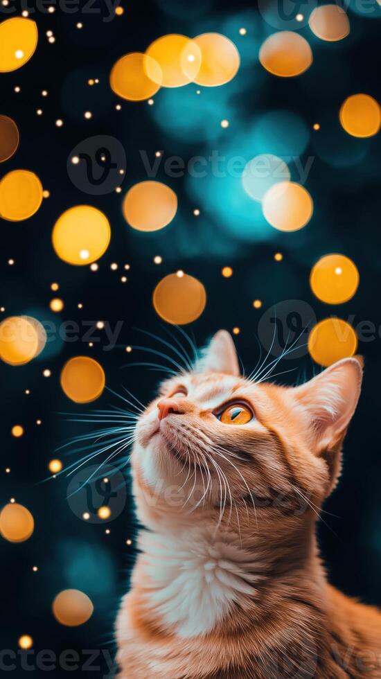 Cute Orange Cat in Silver Astronaut Suit Floating Among Shiny Bokeh Lights in a Dreamy Background photo