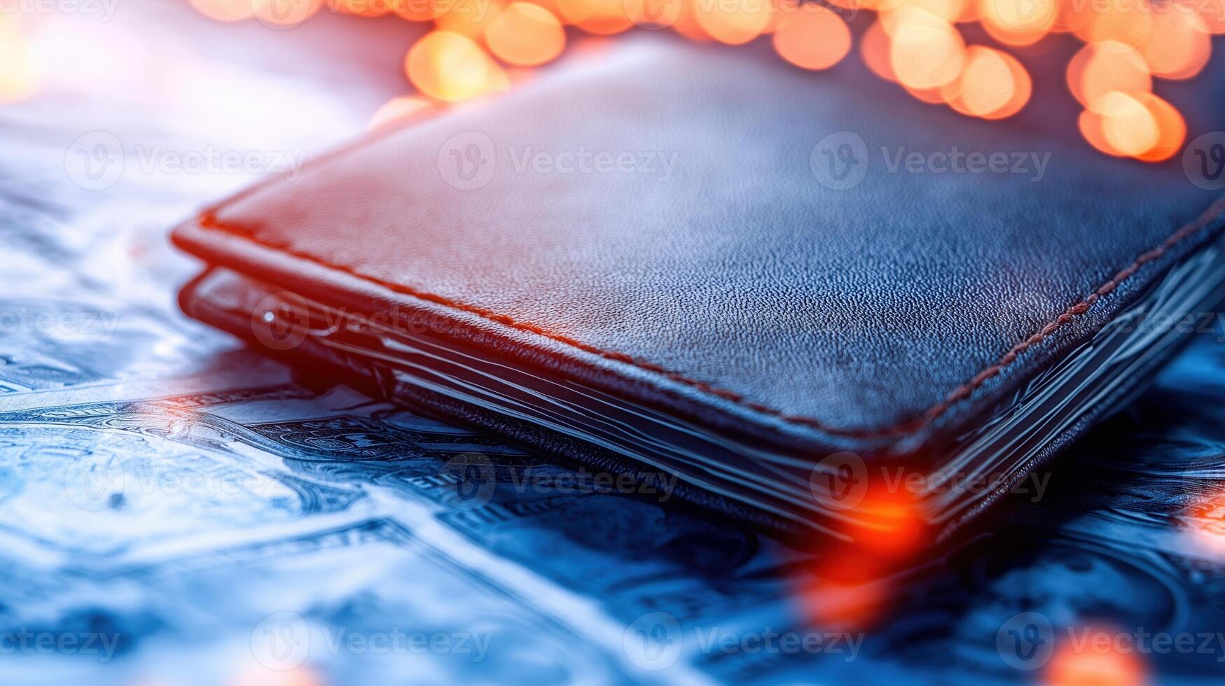 Conceptual Image of a Modern Digital Wallet on a Surface with Blurred Lights and Currency Background photo