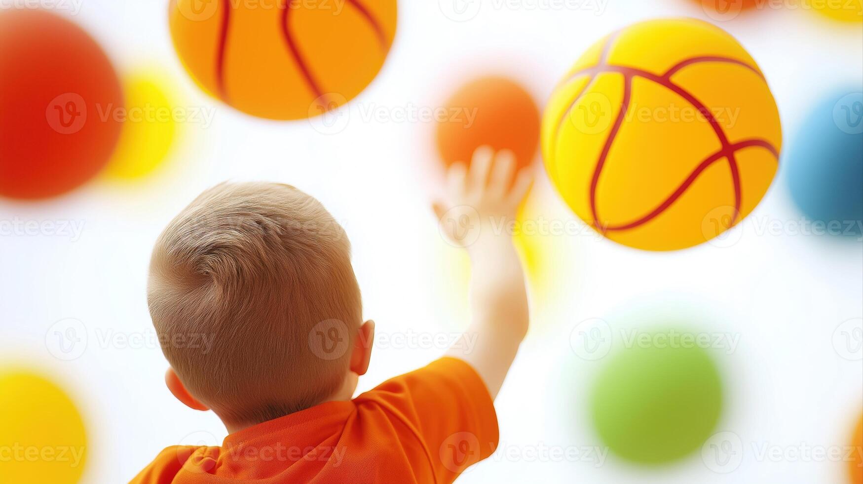 Happy Baby Boy Reaching for Colorful Floating Sports Balls in Bright Landscape Setting photo