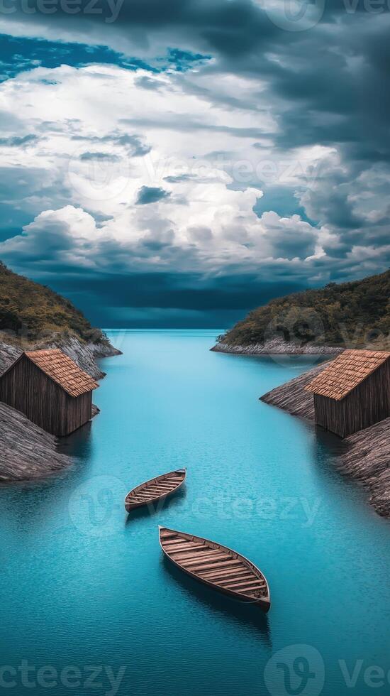 Dreamy Ancient Riverside Village with Floating Boats and Tranquil Water Under Cloudy Sky photo