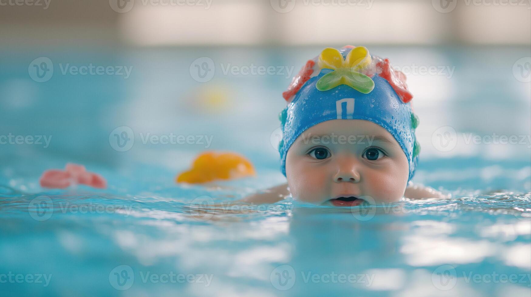 Baby Boy Swimming in Candy-Colored Sea with Sports Gear and Fun Floats Under Sunlight photo