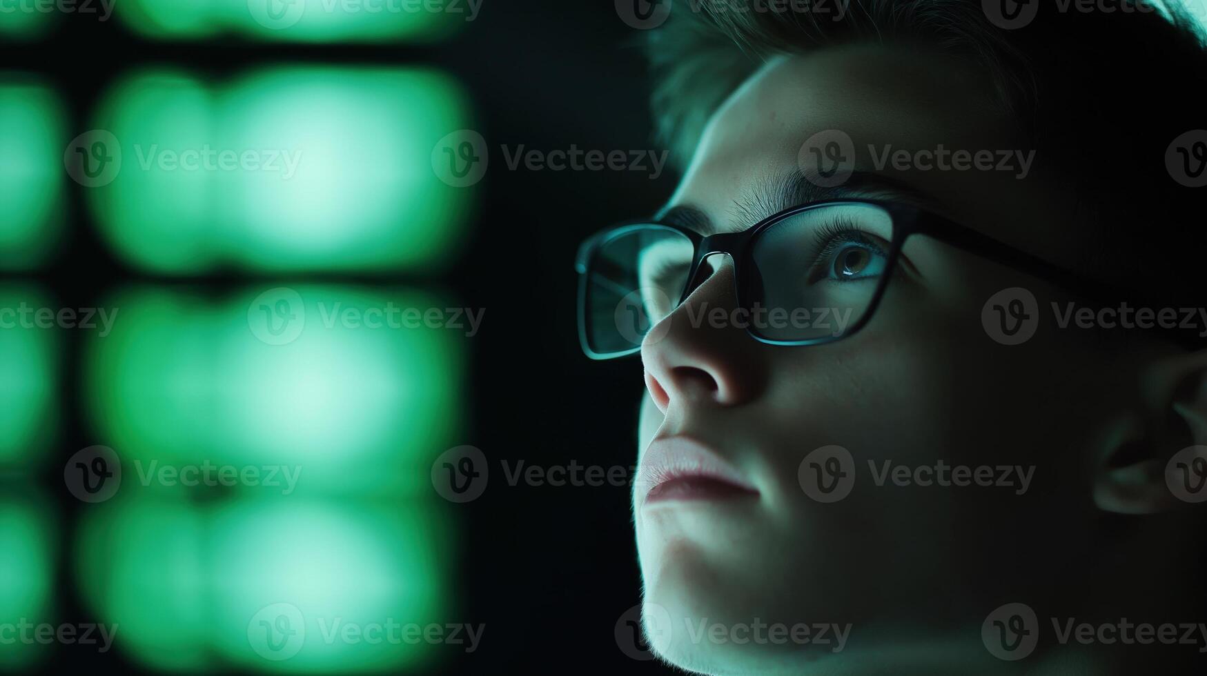 Young Entrepreneur in Fintech Setting with Stylized Lighting and Focused Expression Captured in Portrait Style photo