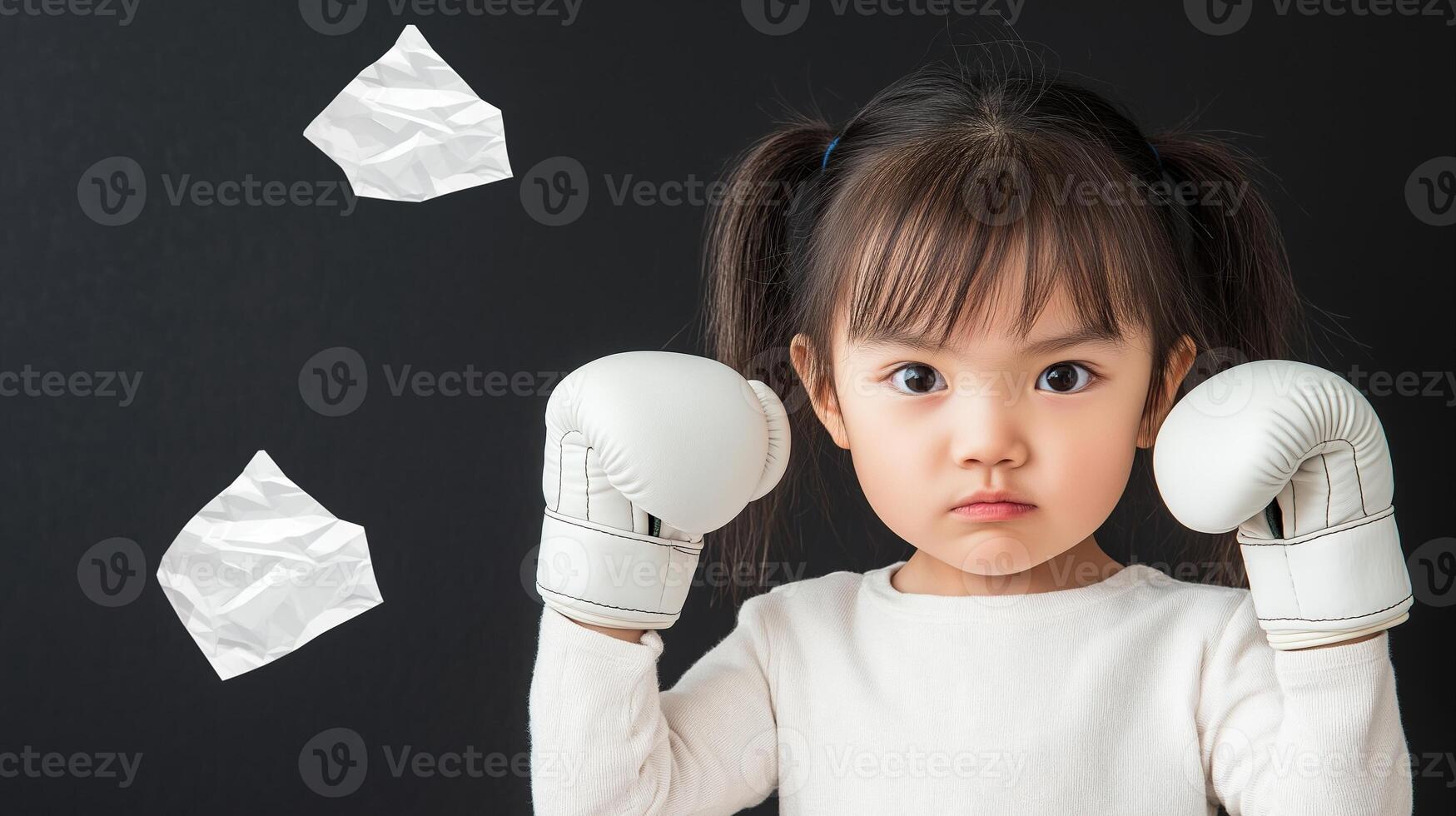 Playful Baby Girl Wearing Boxing Gloves with Neon Floating Shapes and a Serious Expression photo