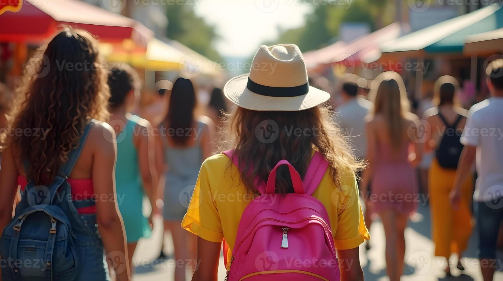 A woman with a backpack walking through a crowded market photo