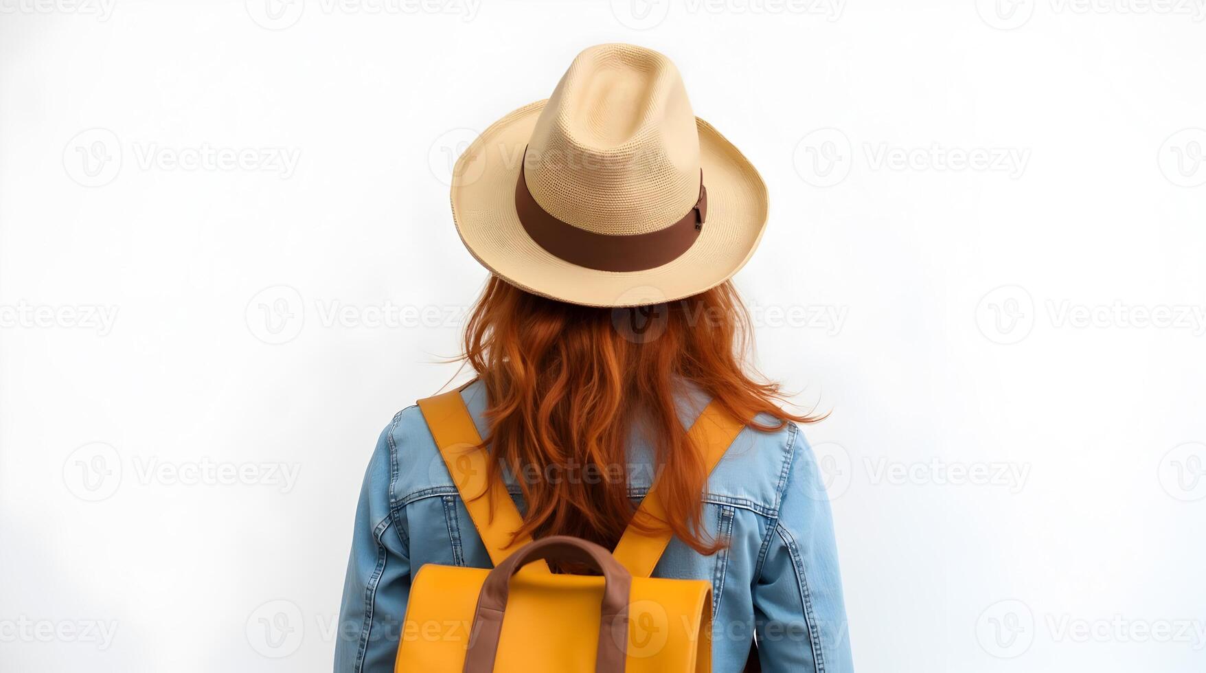 Back view of a red haired woman with a yellow backpack and hat on white background photo
