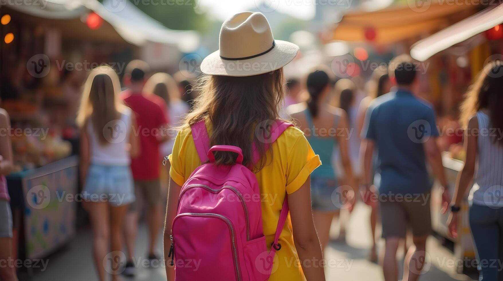 A woman with a pink backpack walking through a crowded market photo