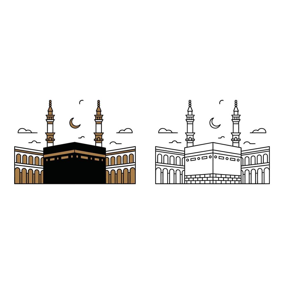Set art of Illustration of kaaba in mecca with minarets and moon isolated on white background vector