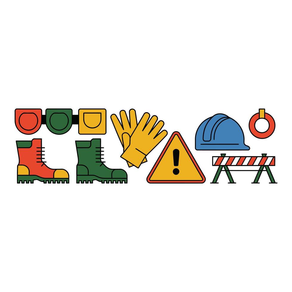 Safety gear ensures a secure construction work with hard hat barrier and boots icon style on a tan vector