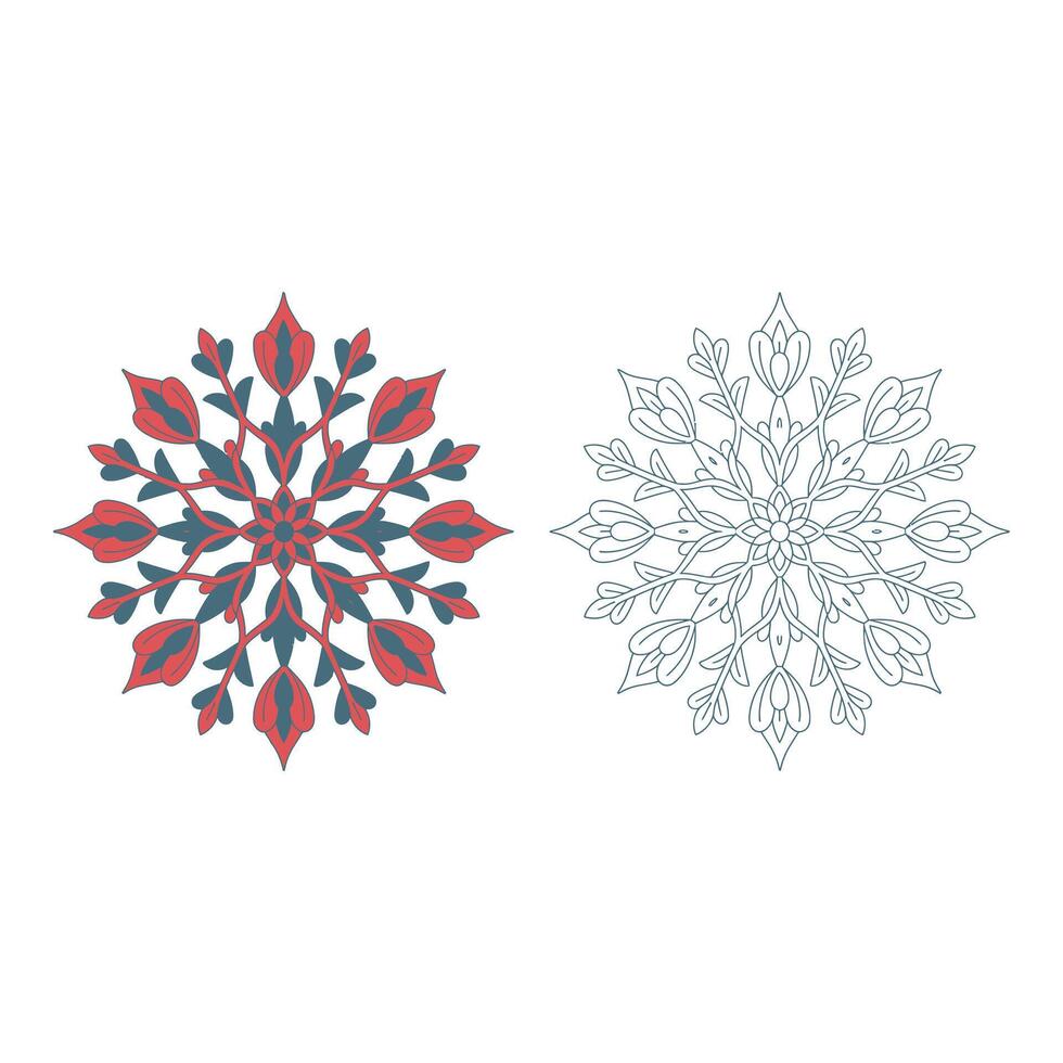 Set art of Ornamental floral mandala pattern design with coloring page isolated on white background vector