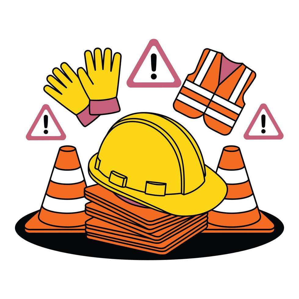 Prioritizing Safety Essential equipment for workplace hazards with bright colors and simple vector
