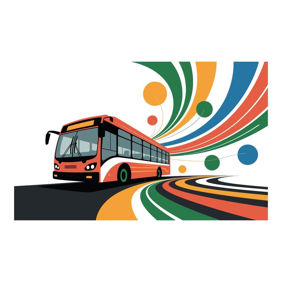 Set art of Modern bus on colorful road isolated on white background with abstract design elements vector