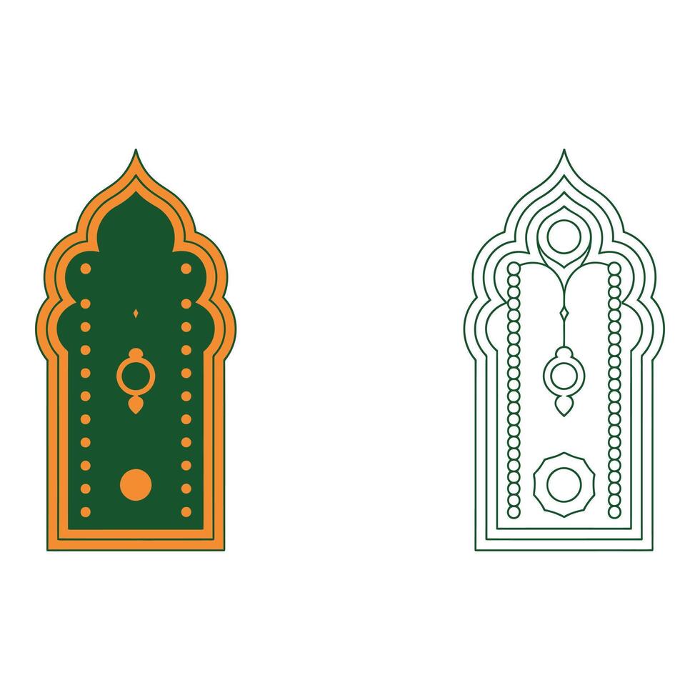 Set art of Islamic prayer mat design with geometric patterns and decorative elements on a white background vector