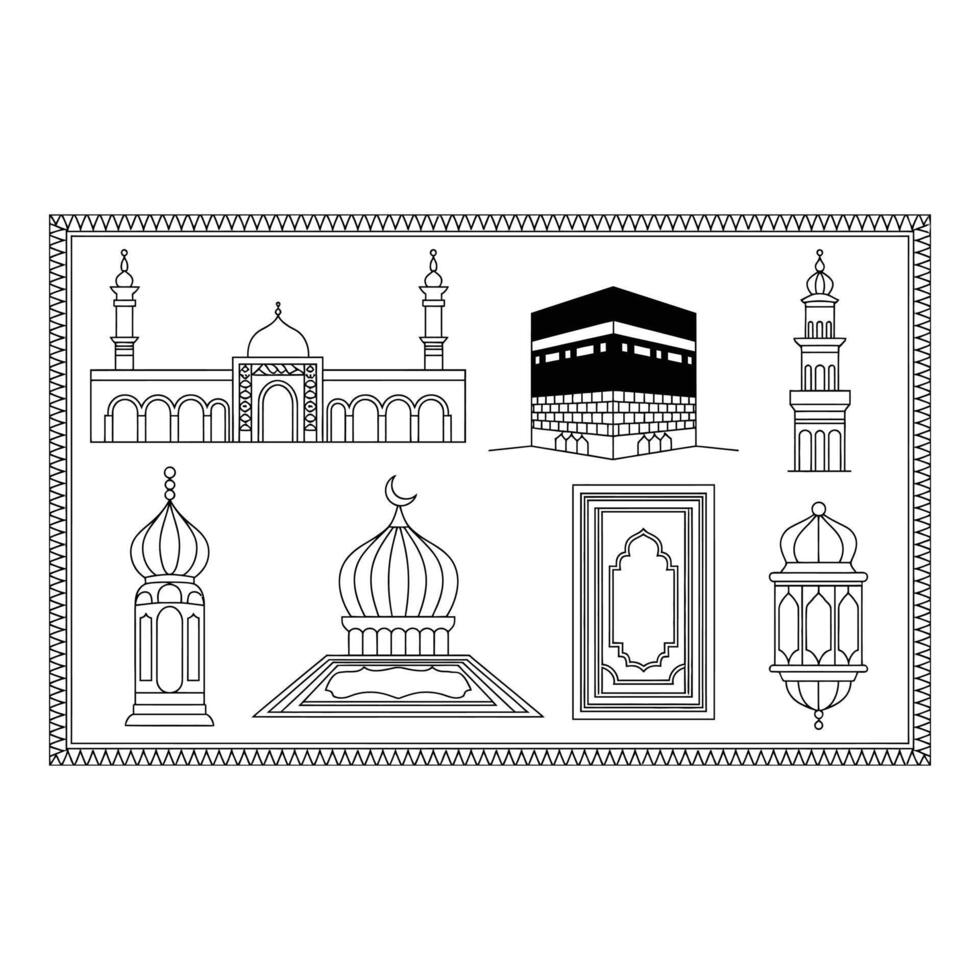 Set art of Islamic architecture and religious symbols in black and white outline isolated on white background vector