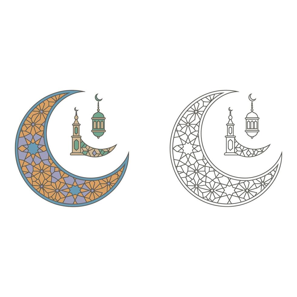 Set art of Ramadan kareem crescent moon with mosque and lantern isolated on white background Set illustration vector
