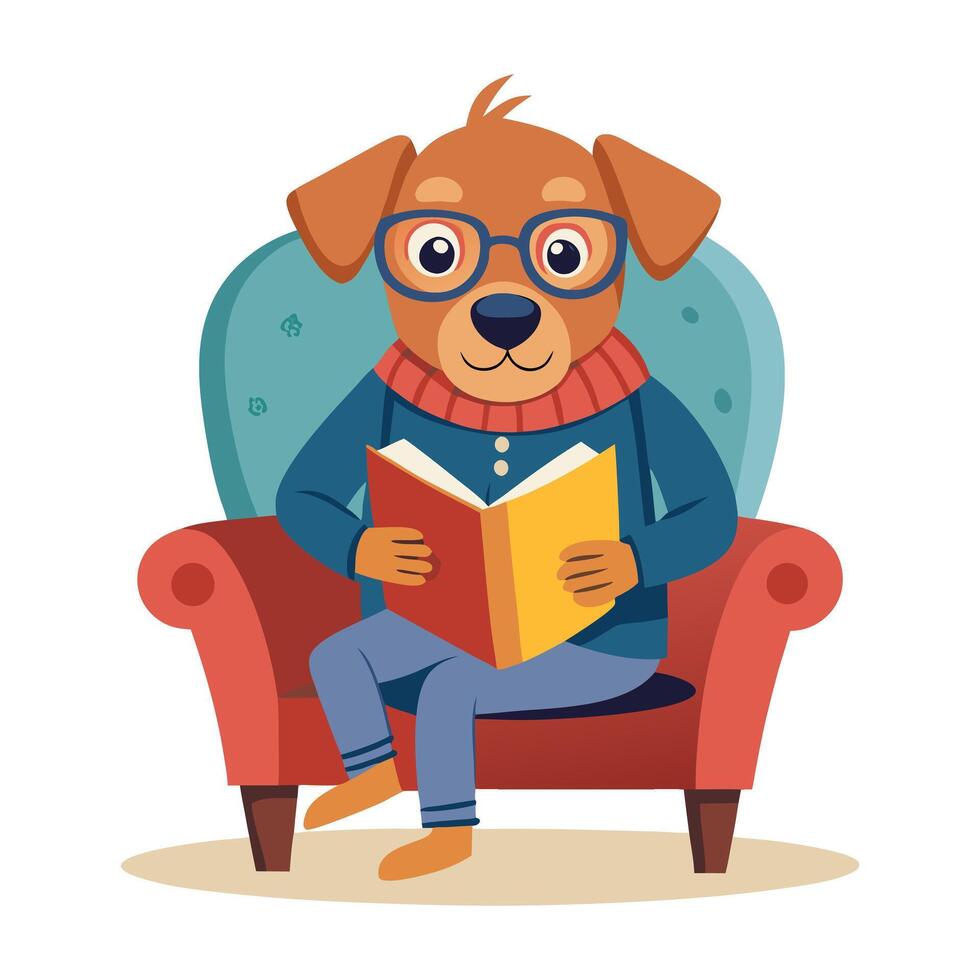 dog sitting in armchair reading book illustration vector