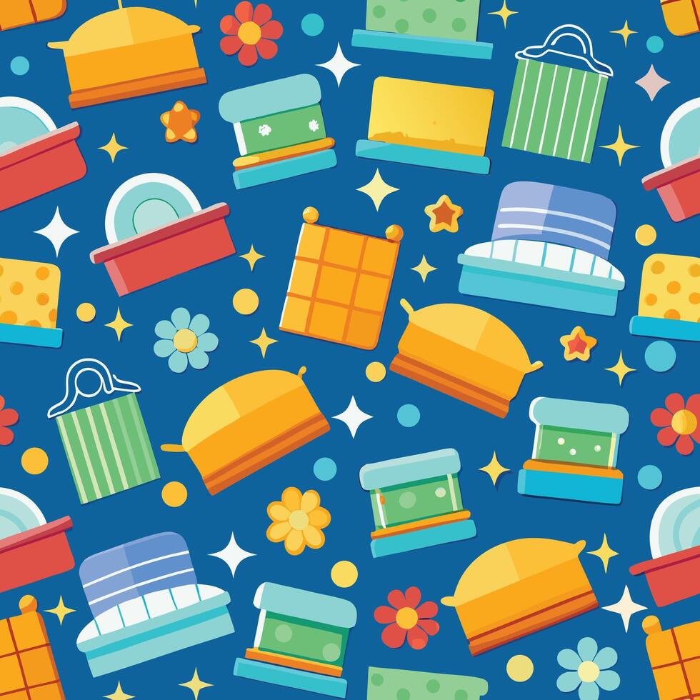 a pattern with various items on a blue background vector