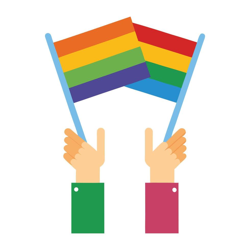 two hands holding two rainbow flags vector