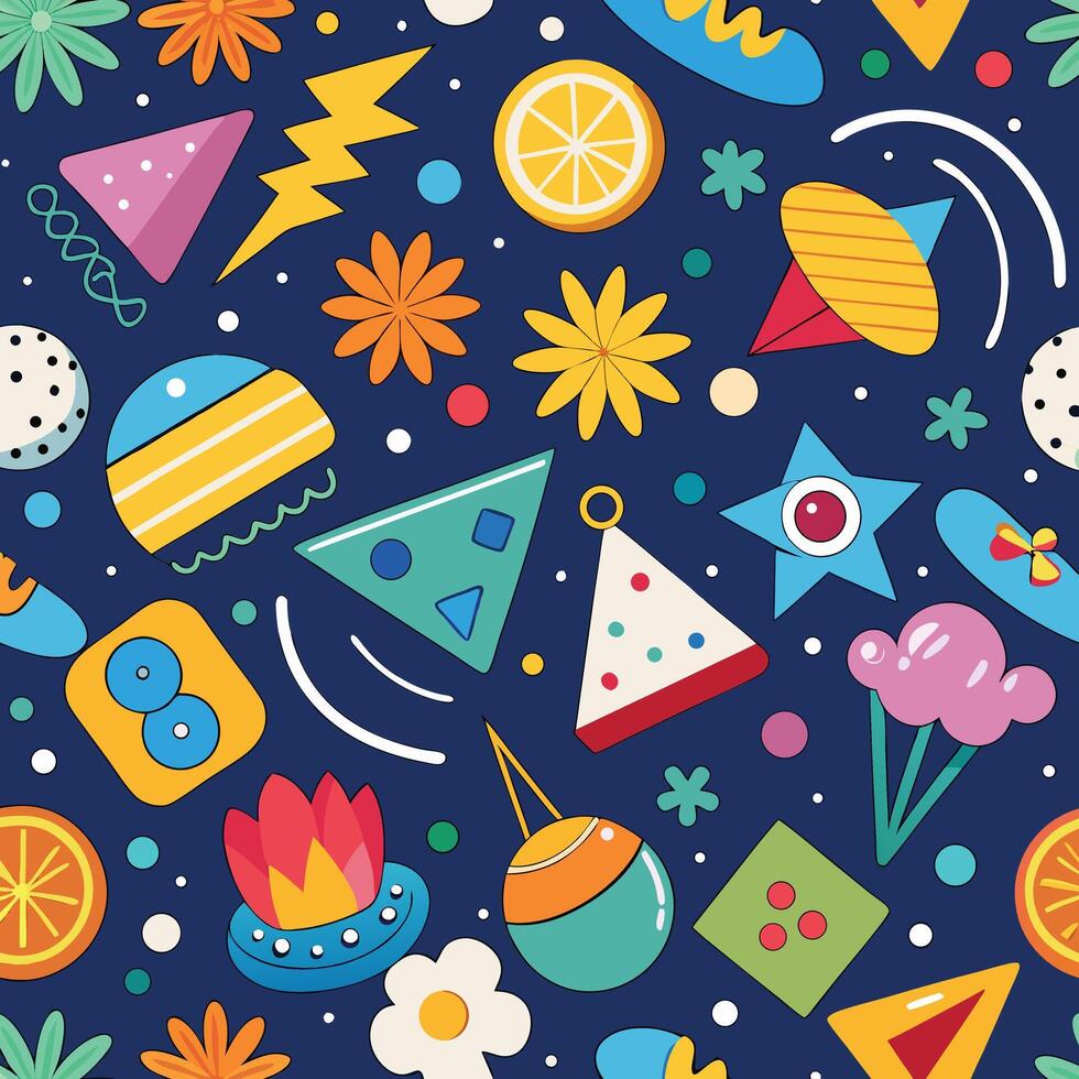 a colorful pattern with various objects and shapes vector